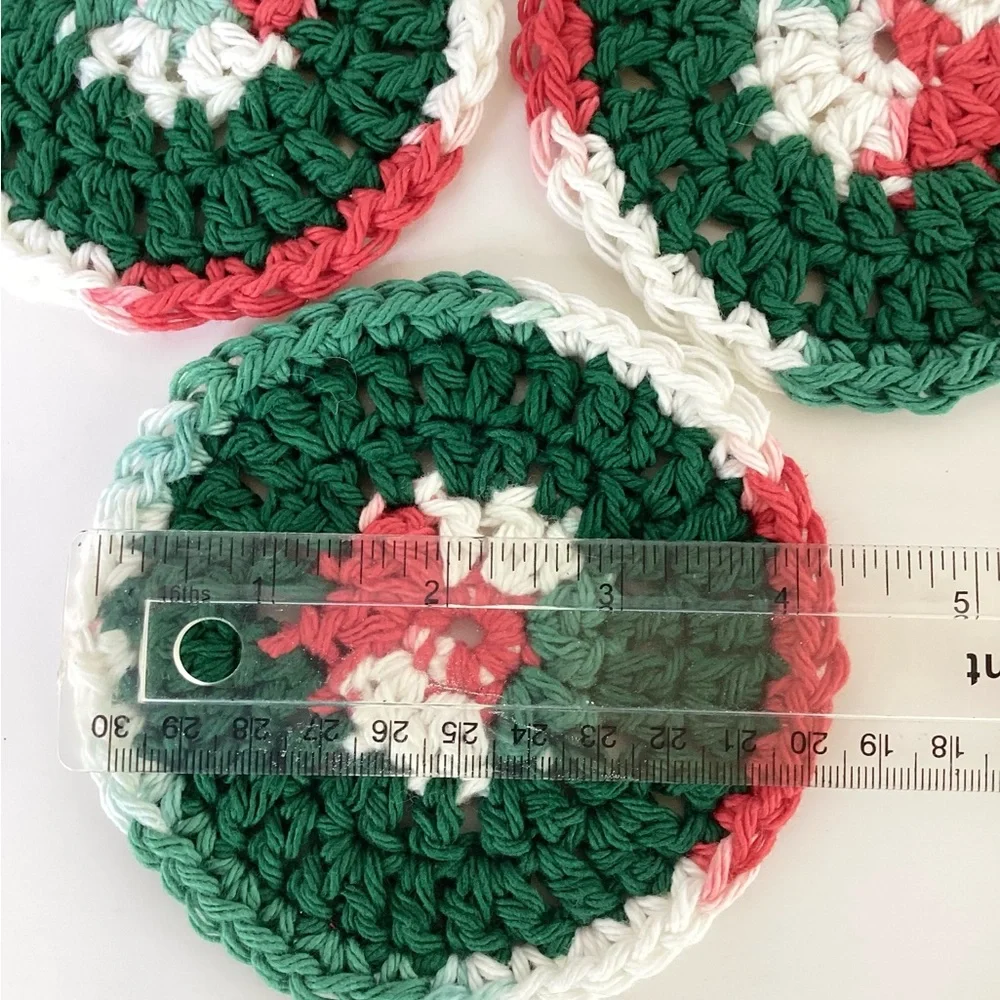 Coaster Set Hand Crafted Red White Green Christmas Holidays Crochet